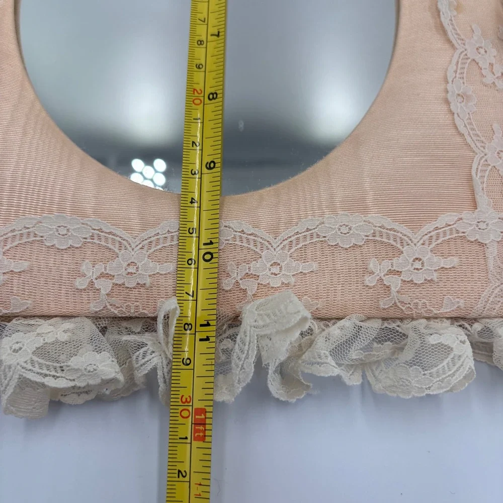 Vintage 80s Shabby Chic Peach Moire Silk Lace Ruffle Tabletop Frame Mirror